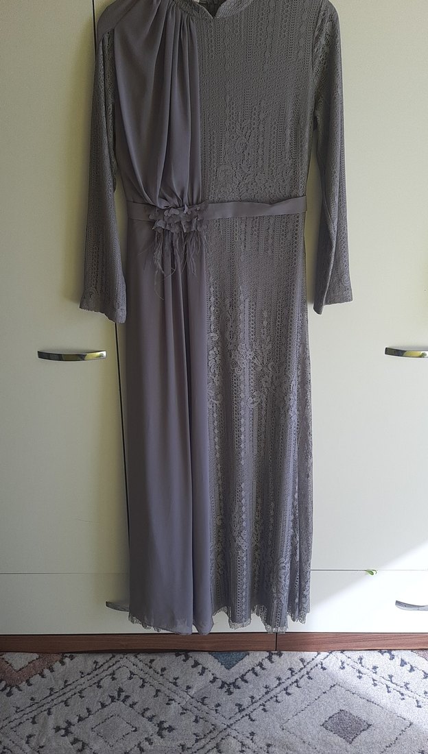 Gri Dantel Saten Abiye - Görsel 3