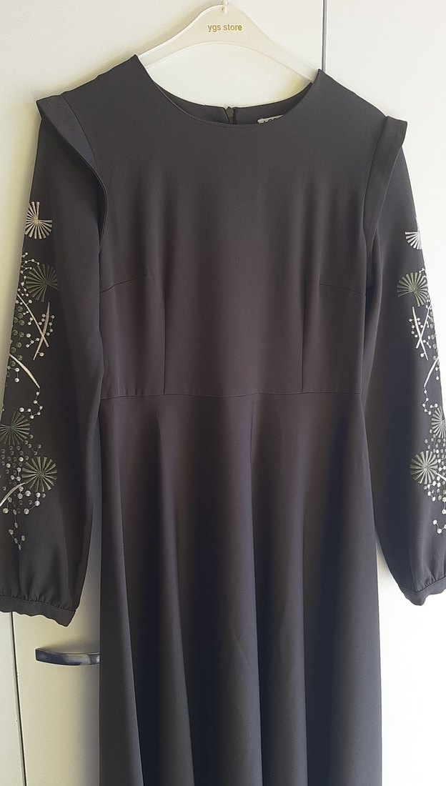 Nakışlı Haki Uzun Kollu Uzun Elbise - Görsel 2