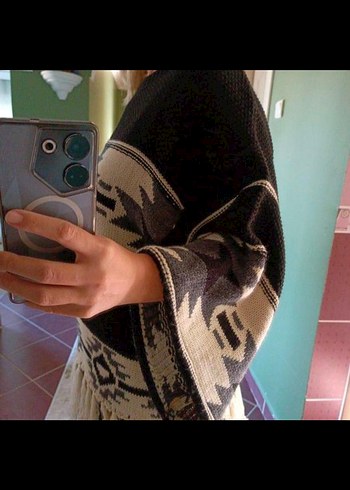 s Beden Etnik Desenli Siyah Bohem Örgü Kazak