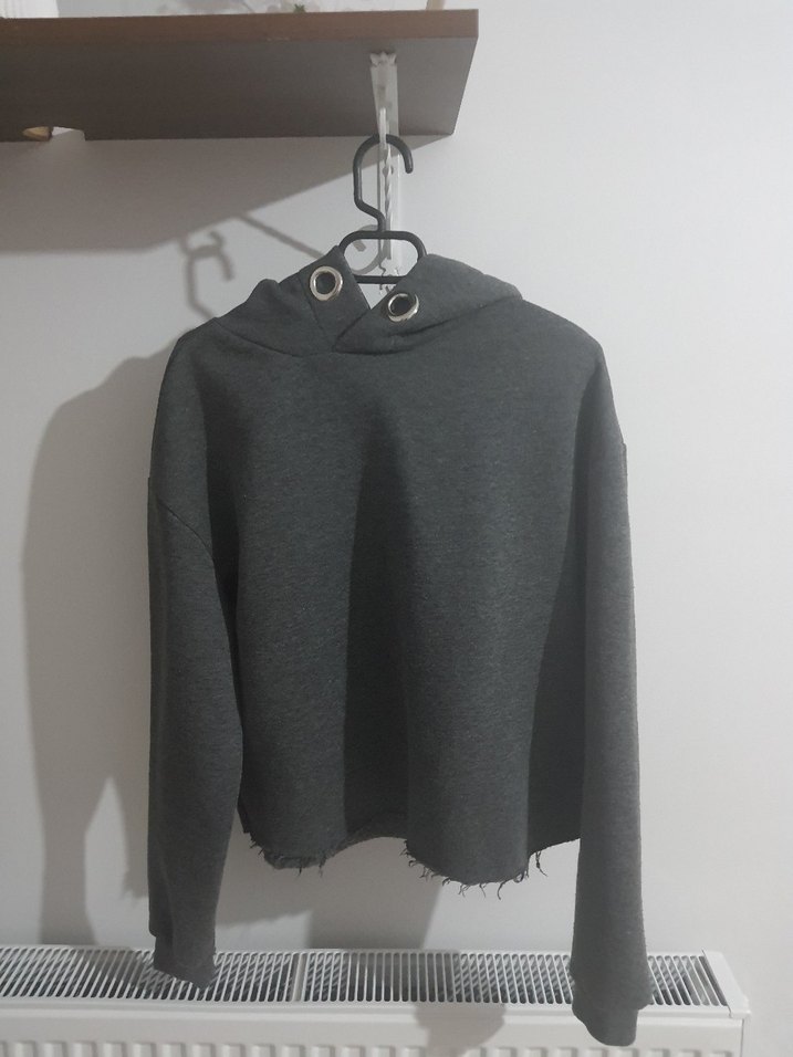 Gri Kapüşonlu Salaş Sweatshirt - Görsel 3