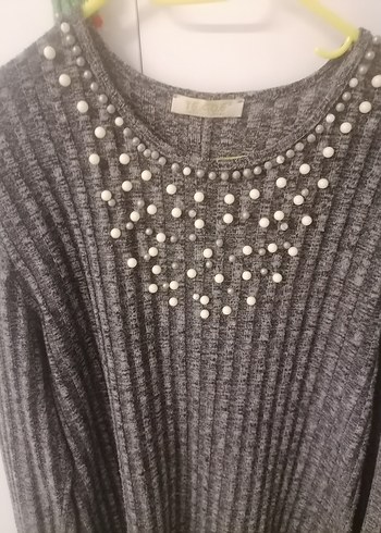 Gri Uzun Kollu Triko Nakışlı Kadın Kazak - Görsel 2