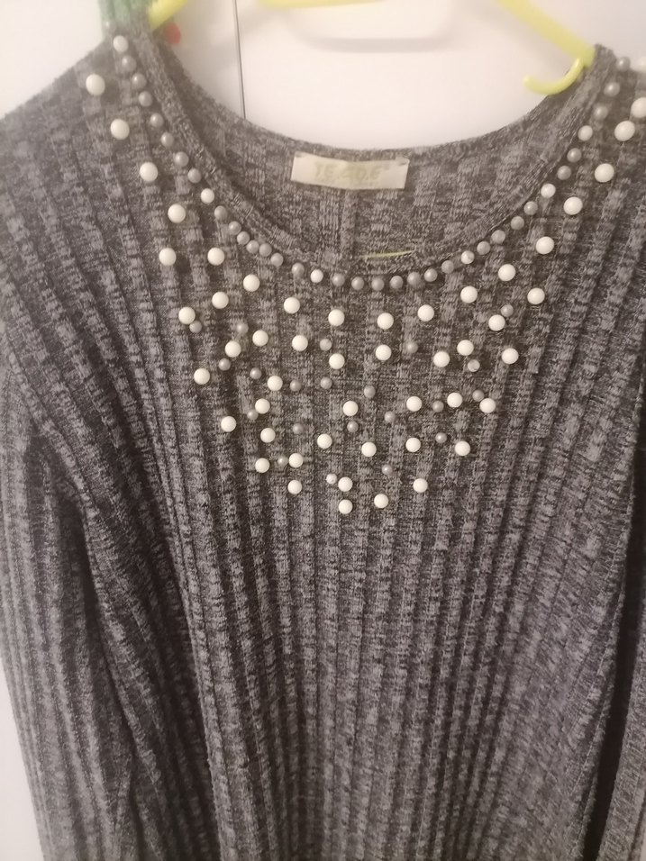 Gri Uzun Kollu Triko Nakışlı Kadın Kazak - Görsel 2