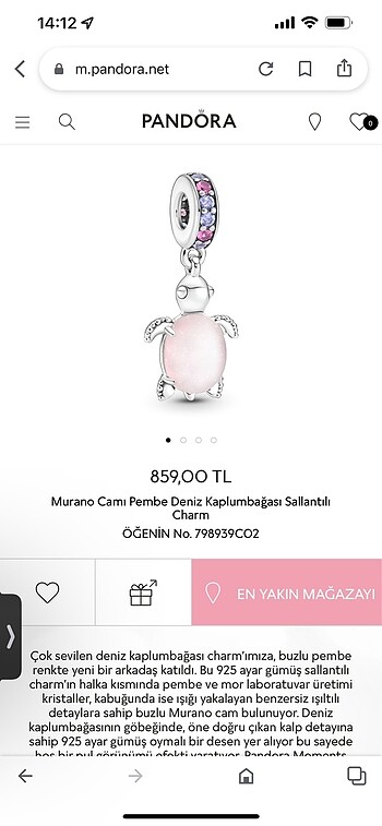 Pandora Murano Camı Pembe Deniz Kaplumbağası Sallantılı Charm