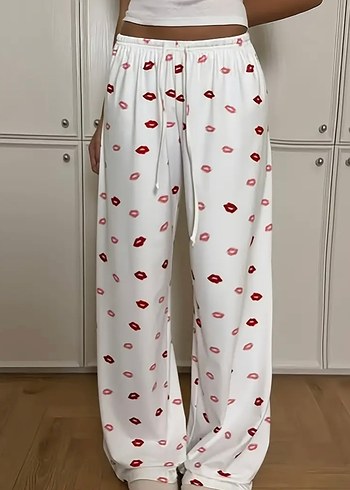 Beyaz Baskılı Rahat Kadın Pijama Altı - Görsel 3