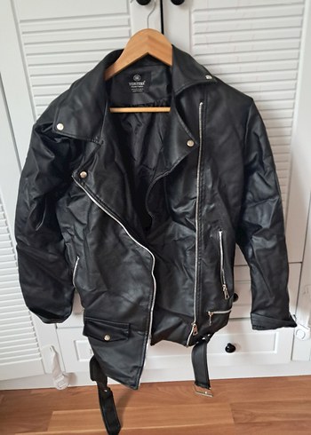 Siyah Deri Biker Ceket Kemerli