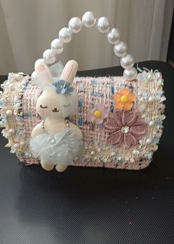 İnci Saplı Nakışlı Pembe keten Bohem Kız cocuk Çanta - Görsel 2