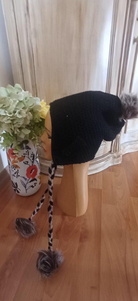 Siyah Örgü Kadın Bere İpli Ponponlu - Görsel 3