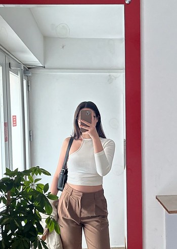 s Beden beyaz Renk Tek Kollu Uzun Kollu Beyaz Crop Top