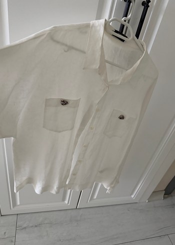 Düğmeli Beyaz Keten Kadın Gömlek - Görsel 6