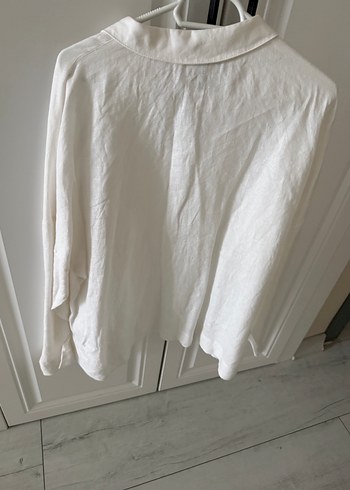 Düğmeli Beyaz Keten Kadın Gömlek - Görsel 8