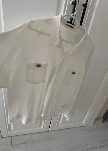 Düğmeli Beyaz Keten Kadın Gömlek - Görsel 7