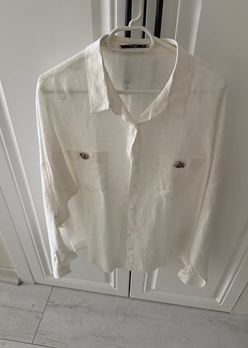 Düğmeli Beyaz Keten Kadın Gömlek - Görsel 3