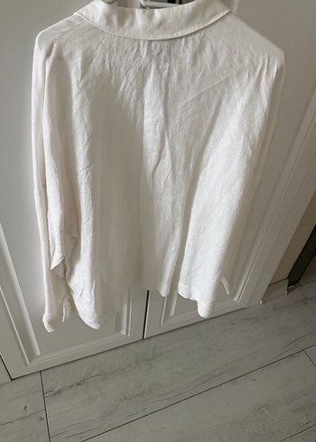 Düğmeli Beyaz Keten Kadın Gömlek - Görsel 5