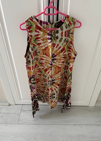 Bohem Çok Renkli Mini Batik Desenli Kolsuz Tunik