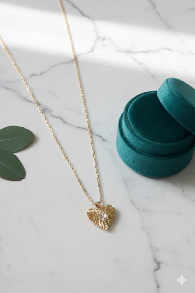 Çelik Altın Renkli İşlemeli Kalp Kolye - Görsel 2