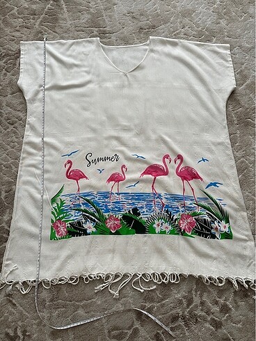 diğer Beden beyaz Renk Flamingo Desenli Pestemal Plaj Elbisesi