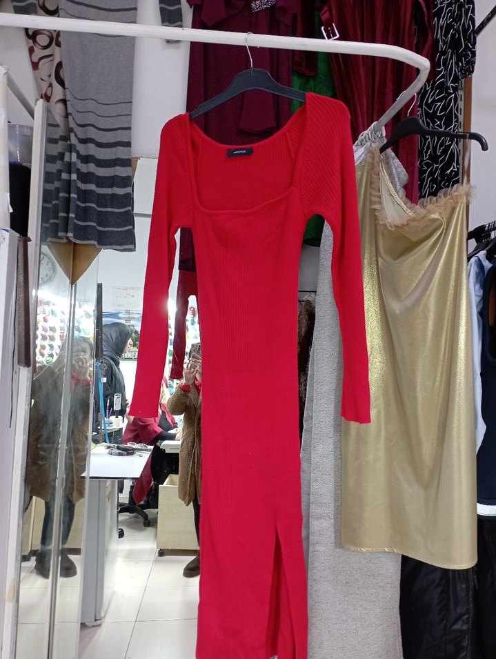 Kırmızı Uzun Kollu Triko Kadın elbise - Görsel 3