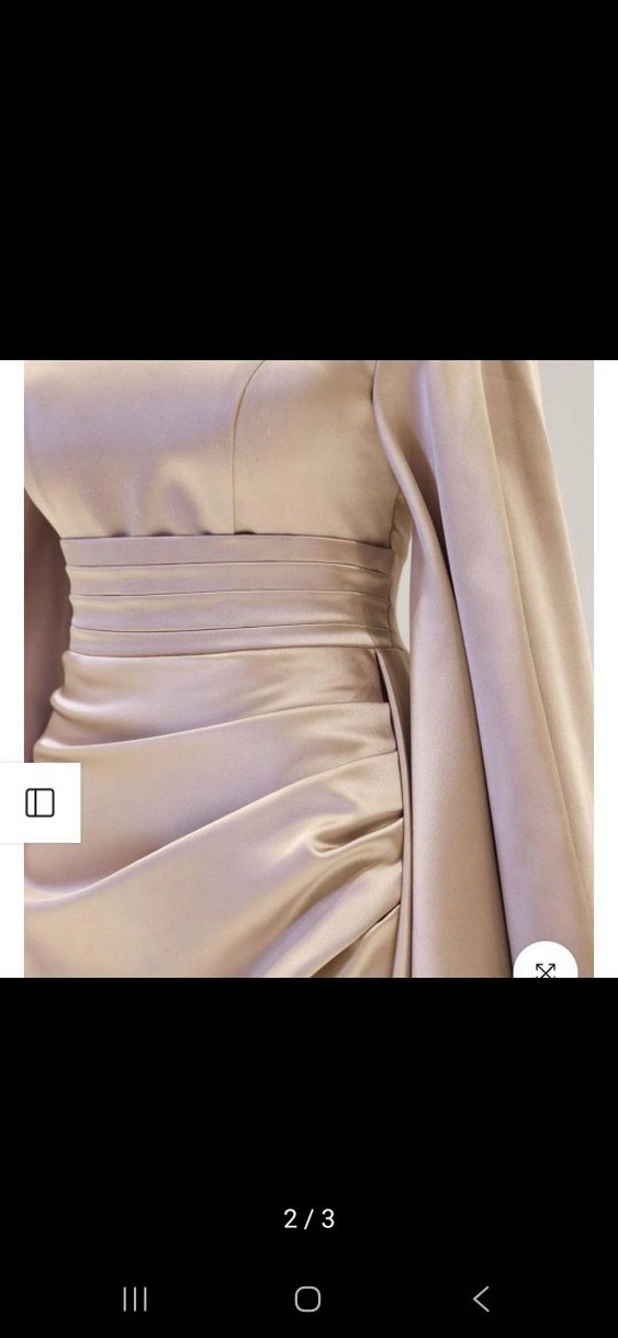 Bej Uzun Kollu Drapeli Abiye Elbise - Görsel 2