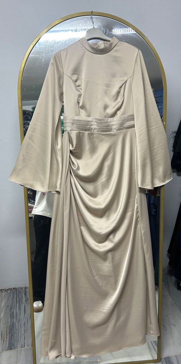 Bej Drapeli Uzun Abiye Elbise - Görsel 2