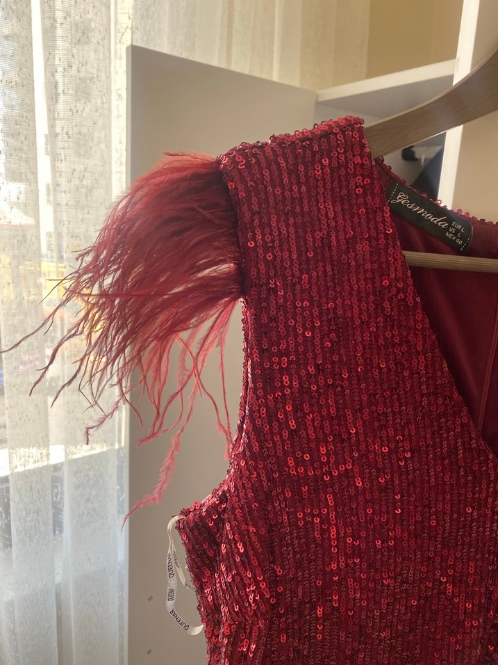 Koyu Bordo V Yakalı Midi Kadın Abiye Elbise - Görsel 2