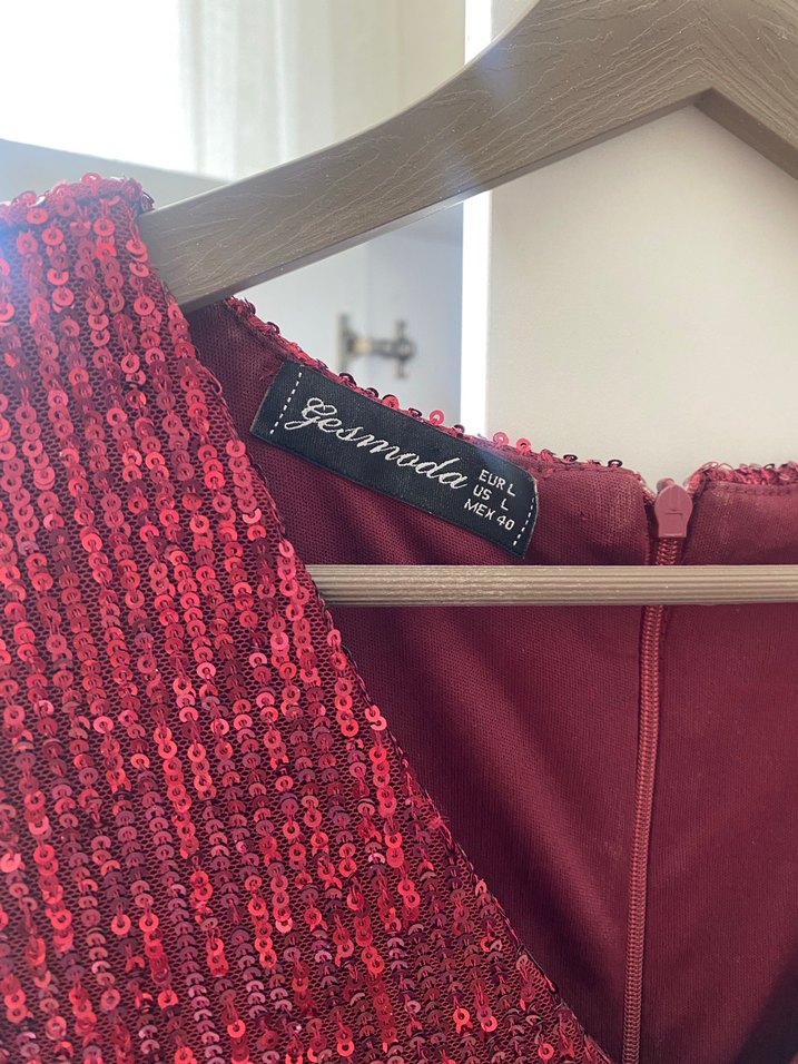 Koyu Bordo V Yakalı Midi Kadın Abiye Elbise - Görsel 3