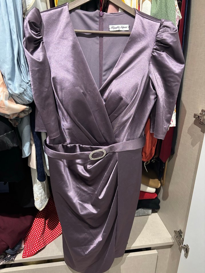 Mor Mini Saten Kemerli Elbise - Görsel 3