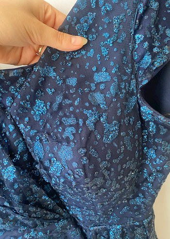 Lacivert Drapeli V Yakalı Uzun Abiye Elbise - Görsel 3