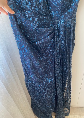 Lacivert Drapeli V Yakalı Uzun Abiye Elbise - Görsel 4