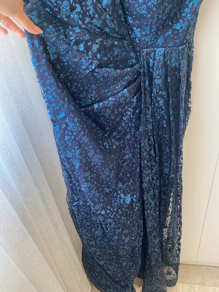 Lacivert Drapeli V Yakalı Uzun Abiye Elbise - Görsel 4