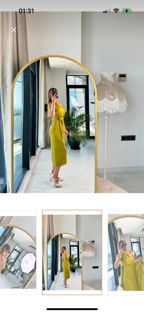 Saten Dokulu Drapeli Kolsuz Uzun Elbise - Görsel 4