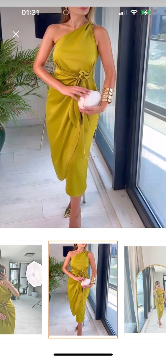 Saten Dokulu Drapeli Kolsuz Uzun Elbise - Görsel 2