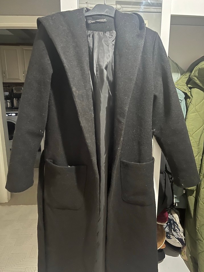 Kapüşonlu Siyah Kaban - Görsel 4