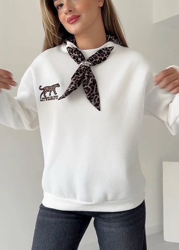 Diğer Leopar Detaylı Beyaz Kadın Sweatshirt