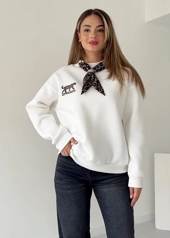 Leopar Detaylı Beyaz Kadın Sweatshirt