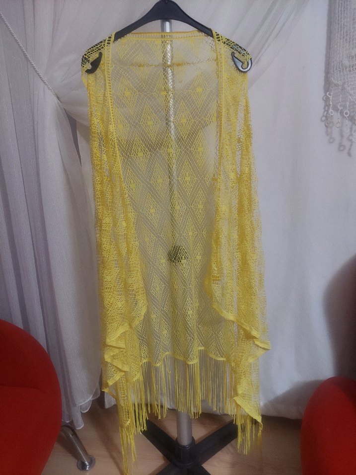 Sarı Dantelli Kısa Bohem Pareo L-XL - Görsel 3