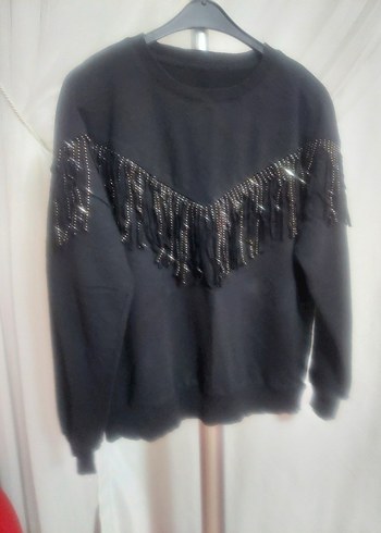 Püsküllü Siyah Uzun Kollu Sweatshirt - Görsel 2