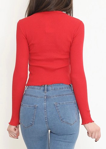 l Beden Kırmızı Denim Kadın Crop Top
