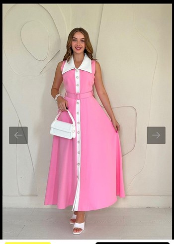 Pembe Kemerli Uzun Elbise