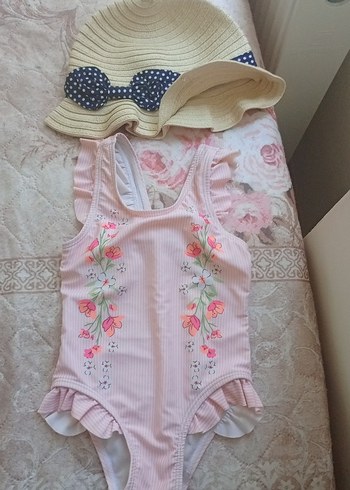 Nakışlı Pembe Kız Çocuk Mayo