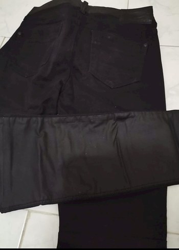 Siyah ön tarafı Deri ve arka tarafı denım  Kadın Pantolon - Görsel 5