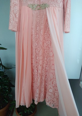Abiye Pembe Uzun Kollu Dantel Abiye Elbise