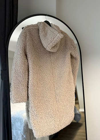 Bej Kadın Midi Peluş Kapüşonlu Kaban - Görsel 4