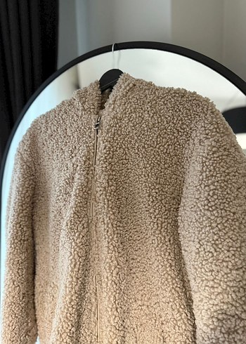 Bej Kadın Midi Peluş Kapüşonlu Kaban - Görsel 2