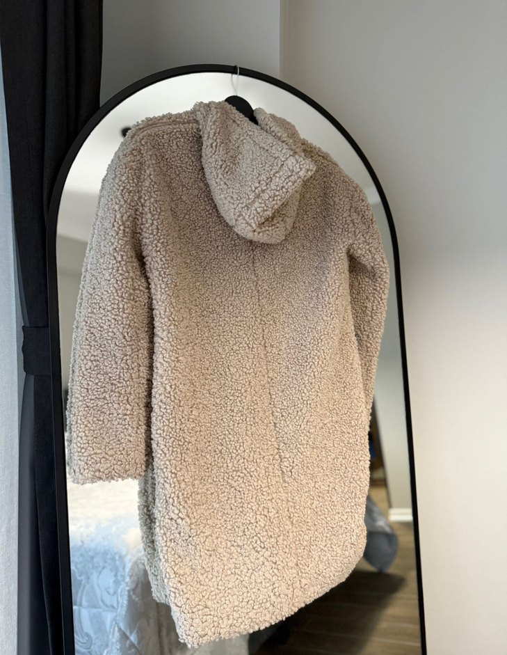 Bej Kadın Midi Peluş Kapüşonlu Kaban - Görsel 4