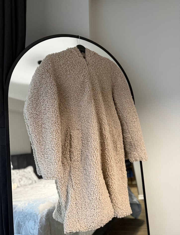 Bej Kadın Midi Peluş Kapüşonlu Kaban - Görsel 3