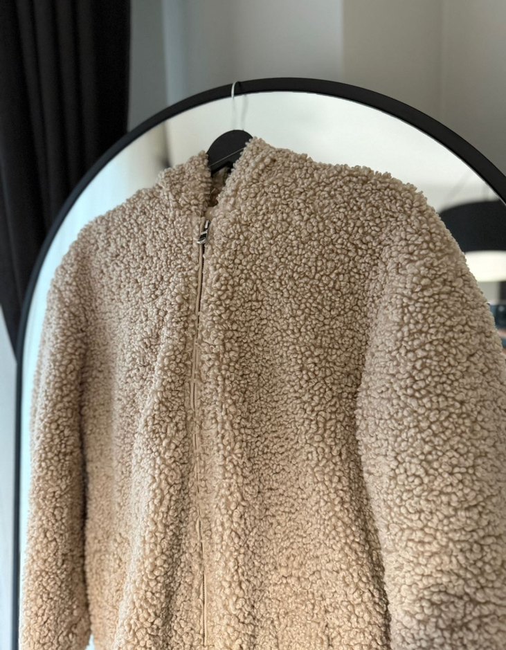 Bej Kadın Midi Peluş Kapüşonlu Kaban - Görsel 2