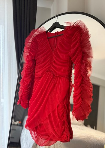 Kırmızı Mini Kikiriki Drapeli Elbise - Görsel 5