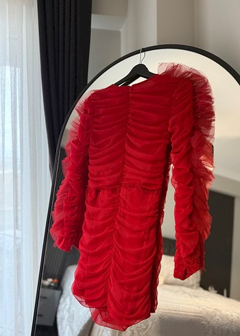 Kırmızı Mini Kikiriki Drapeli Elbise - Görsel 6