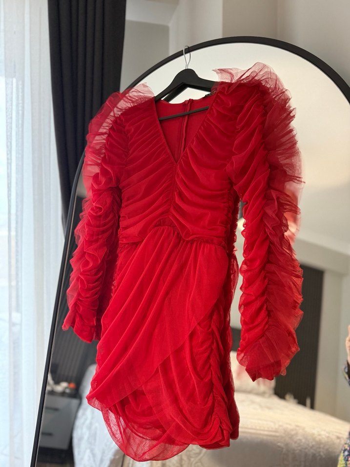 Kırmızı Mini Kikiriki Drapeli Elbise - Görsel 5