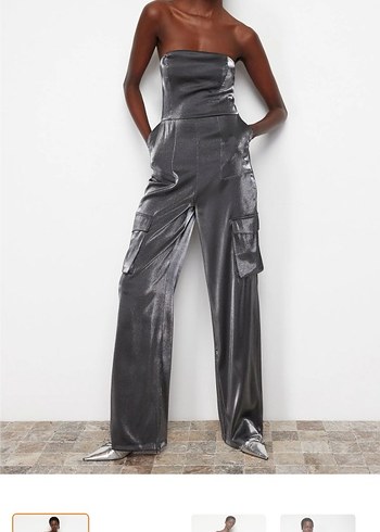 Kadın Gri Deri Midi Tulum - Görsel 4